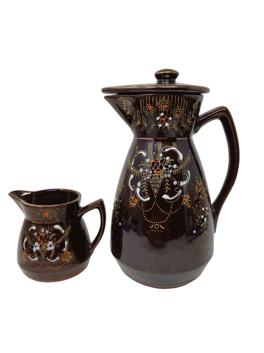 VTG Hand Painted Japanese Moriage Redware Tea Pot & Creamer Brown #SB
